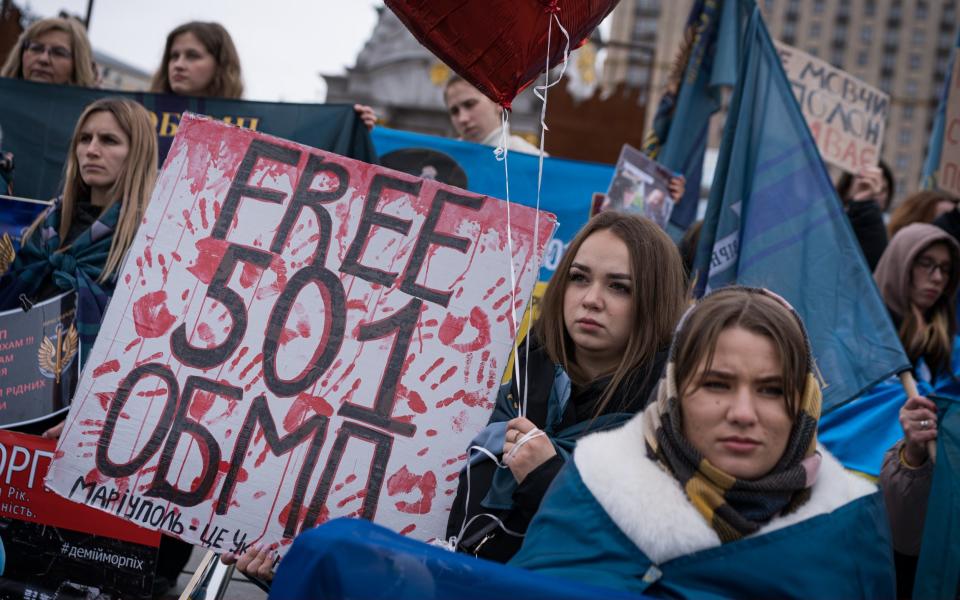 Relatives and friends of Ukrainian soldiers held captive by Russia protest to demand information about their situation at the Maidan Nezalezhnosti square on March 16, 2024 in Kyiv, Ukraine.