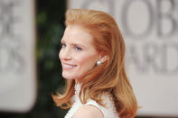 BEVERLY HILLS, CA - JANUARY 15: Actress Jessica Chastain arrives at the 69th Annual Golden Globe Awards held at the Beverly Hilton Hotel on January 15, 2012 in Beverly Hills, California. (Photo by Jason Merritt/Getty Images)