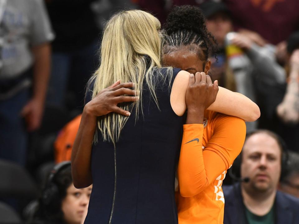 Tennessee basketball coach Kellie Harper hugs Jordan Walker (4) in the loss to Virginia Tech in the Sweet 16 of the NCAA college basketball tournament at Climate Pledge Arena in Seattle, WA on Saturday, March 25, 2023.