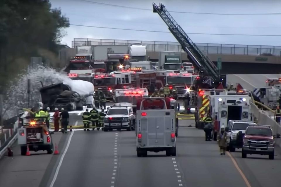 <p>6abc Philadelphia/YouTube</p> Scene of fiery crash on Philadelphia Turnpike