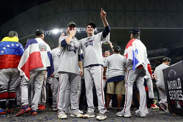 HOUSTON, TEXAS - NOVEMBER 02:  The Atlanta Braves celebrate their 7-0 victory against the Houston Astros in Game Six to win the 2021 World Series at Minute Maid Park on November 02, 2021 in Houston, Texas. (Photo by Elsa/Getty Images)