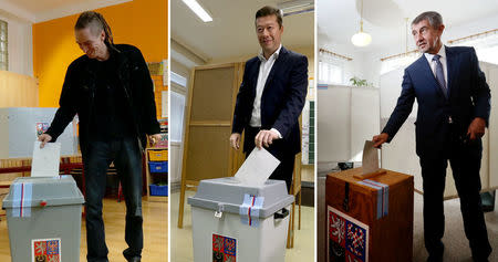 A combination photo shows the leaders of Czech Pirate Party Ivan Bartos, the Freedom and Direct Democracy (SPD) party Tomio Okamura and the ANO party Andrej Babis (L-R) casting their votes in parliamentary elections in Prague, Czech Republic October 20, 2017. REUTERS/Staff