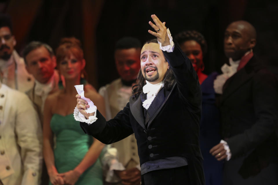 Lin Manuel Miranda thanks the audience after his performance of the award-winning Broadway musical, Hamilton, in Puerto Rico. (Photo by Dennis M. Rivera Pichardo/For The Washington Post via Getty Images)