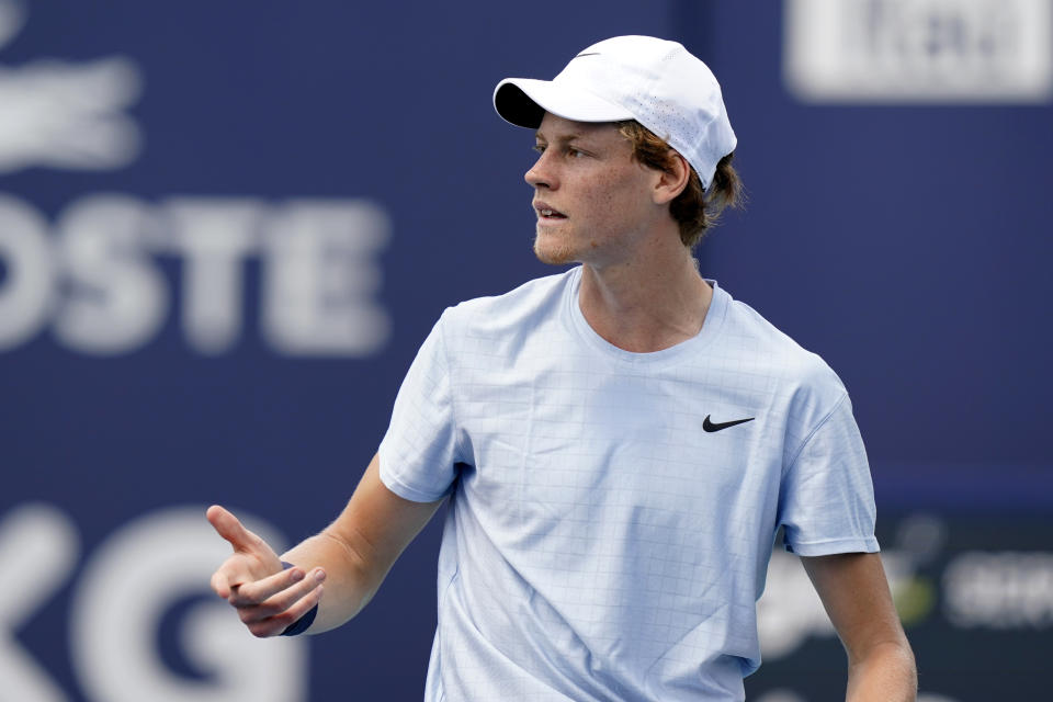 Yannik Sinner of Italy reacts during his match against Hubert Hurkacz of Poland during the finals of the Miami Open tennis tournament, Sunday, April 4, 2021, in Miami Gardens, Fla. Hurkacz won 7-6 (4), 6-4. (AP Photo/Lynne Sladky)