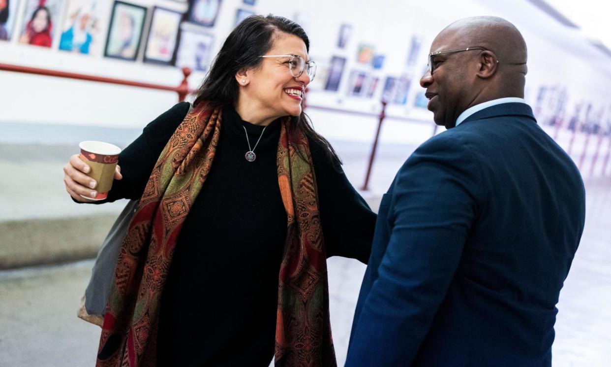 <span>Rashida Tlaib, left, has formed a joint fundraising committee to help Jamaal Bowman, right, see off challengers boosted by pro-Israel funding.</span><span>Photograph: Sipa US/Alamy</span>