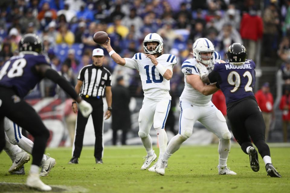 Indianapolis Colts quarterback Gardner Minshew (10) throws during the second half of an NFL football game against the Baltimore Ravens, Sunday, Sept. 24, 2023, in Baltimore. (AP Photo/Nick Wass)