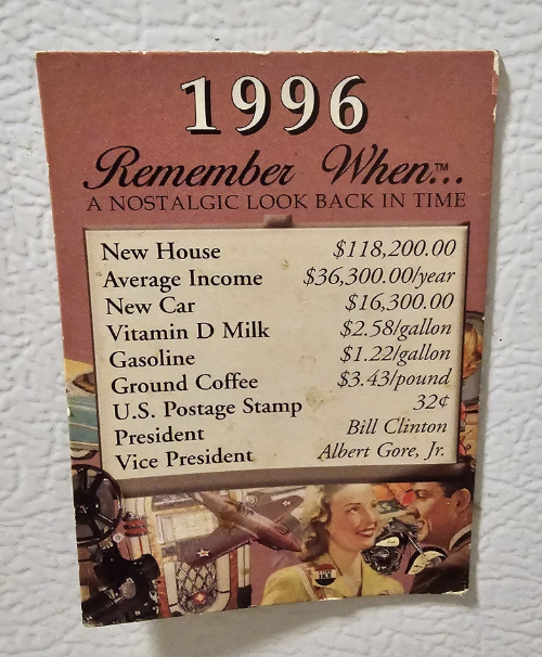 Commemorative "Remember When" card from 1992 with nostalgic images and lists of past prices for common items