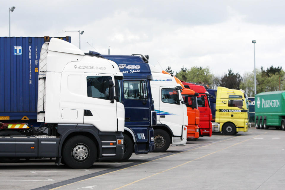 Haulage trucks in Dublin port. Pic: PA