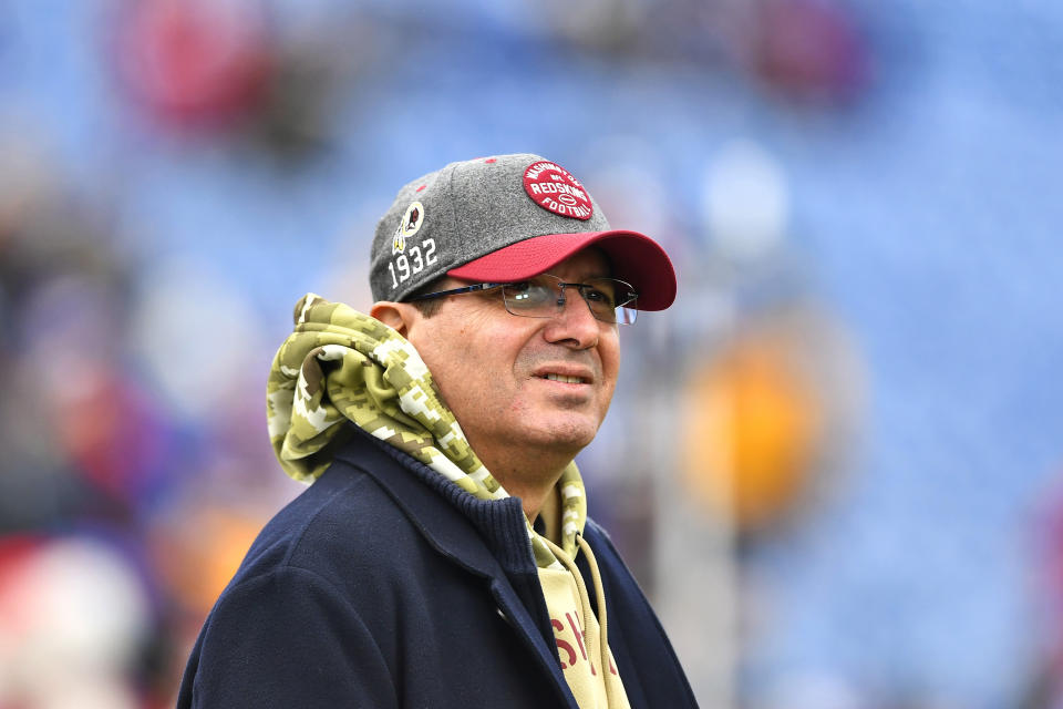 FILE - In this Nov. 3, 2019 file photo, Washington Redskins owner Daniel Snyder is shown before an NFL football game against the Buffalo Bills in Orchard Park, N.Y.  Snyder has met with Maryland lawmakers to discuss allowing sports betting at a new stadium in the state. Sen. Guy Guzzone told reporters Wednesday, Jan. 22, 2020, that Snyder asked to be included in the sports betting realm. Snyder met with state lawmakers Tuesday, Jan. 21 in Annapolis. (AP Photo/Adrian Kraus, File)