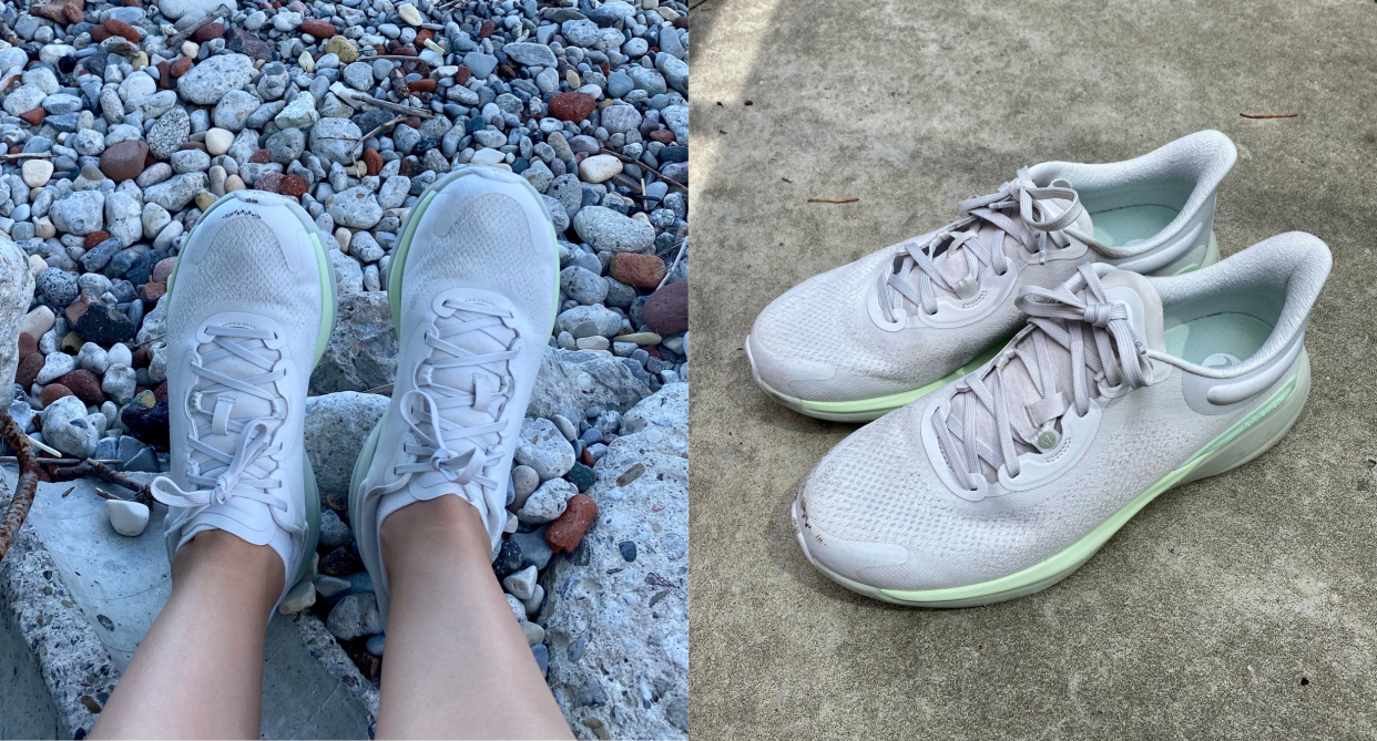 split screen of lululemon's chargefeel 2 sneakers on legs on rocky beach, lululemon's chargefeel 2 sneakers in white, grey, mint green