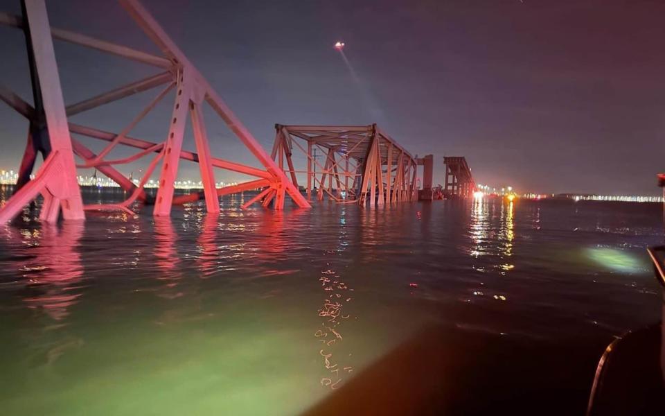 A close up view captured immediately after the Dali cargo vessel crashed into the Francis Scott Key Bridge