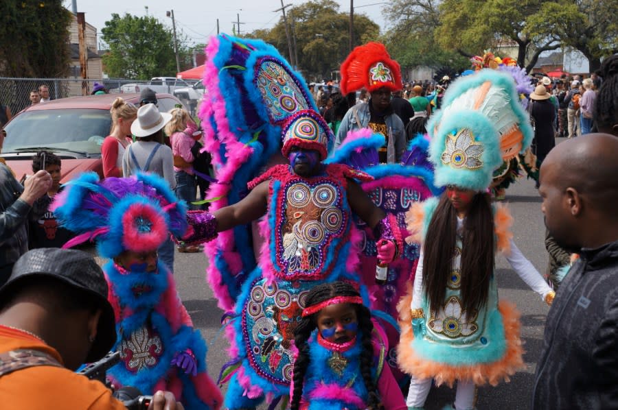 Mardi Gras Indians and revelers during the Uptown Super Sunday celebration in New Orleans (LeBron Joseph photo)