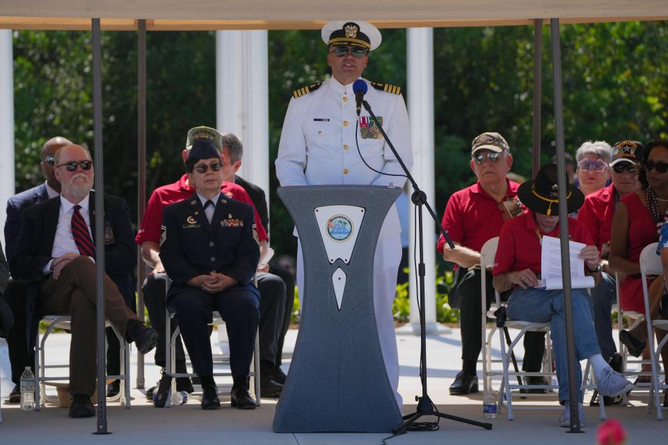 Dr. Ronald K. Williams, chief of Staff of the West Palm Beach VA Medical Center and an officer in the U.S. Marine Corps and U.S. Navy Reserve, addresses those attending the 18th Annual Memorial Day Ceremony at the South Florida National Cemetery on Monday, May 27, 2024, near Lake Worth Beach.