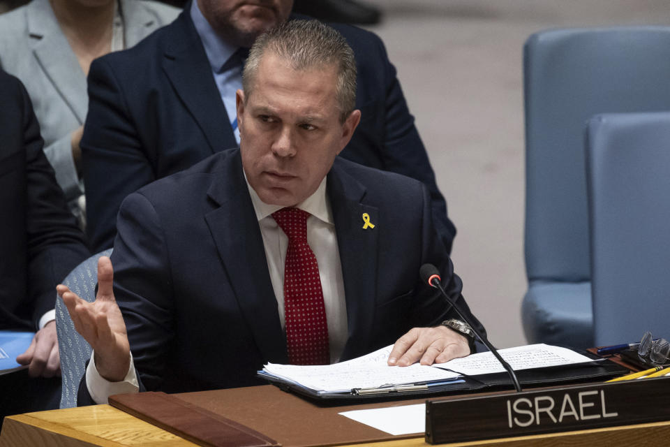 Israeli Ambassador to the United Nations Gilad Erdan speaks during a Security Council meeting at United Nations headquarters, Thursday, April 18, 2024. (AP Photo/Yuki Iwamura)