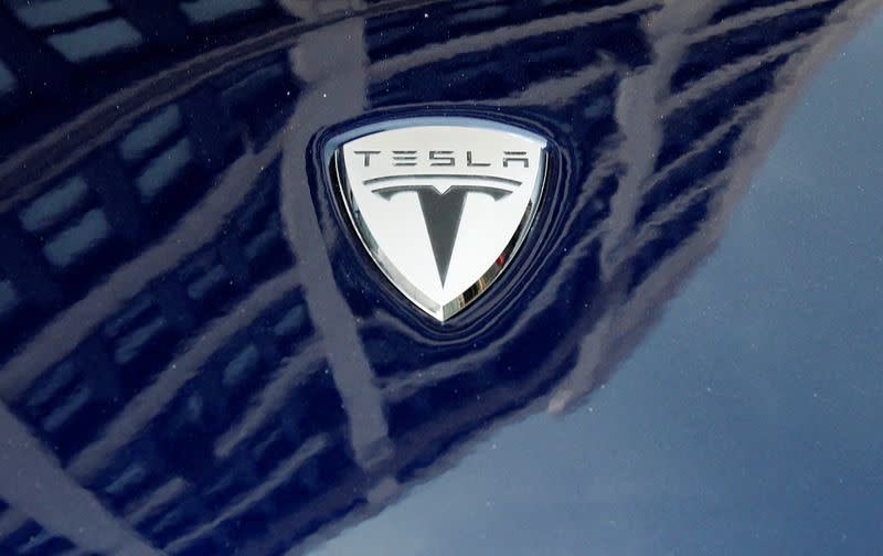 FILE PHOTO: A logo of Tesla Motors on an electric car model is seen outside a showroom in New York