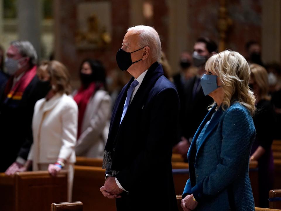 <p>President-elect Joe Biden is joined his wife Jill Biden as they celebrate Mass at the Cathedral of St. Matthew the Apostle during Inauguration Day ceremonies Wednesday on 20 January 2021, in Washington</p> ((Associated Press))