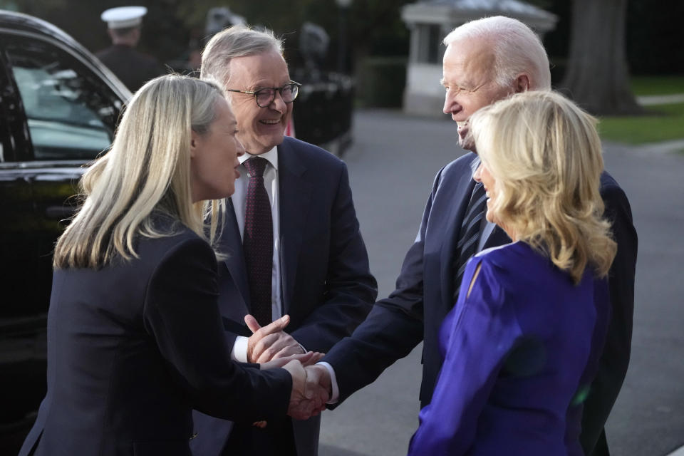 President Joe Biden and first lady Jill Biden welcome Australia's Prime Minister Anthony Albanese and his partner Jodie Haydon to the White House Tuesday, Oct. 24, 2023.(AP Photo/Mark Schiefelbein)