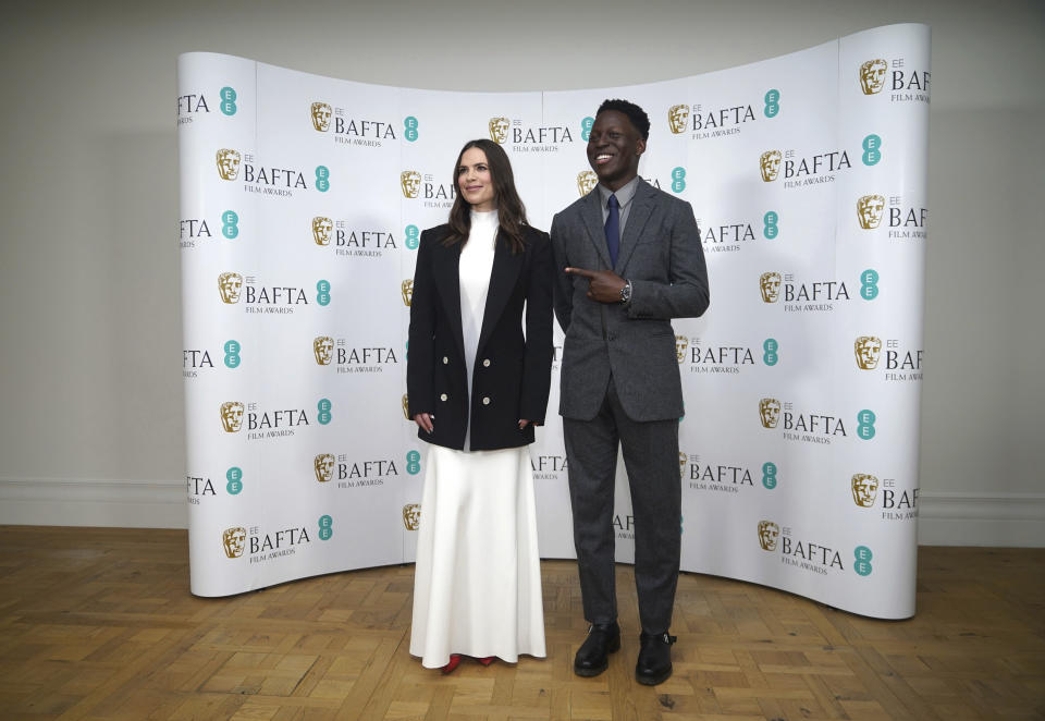 Actors Hayley Atwell, left and Toheeb Jimoh pose for a photo, during the nominations for the BAFTA Film Awards 2023, at BAFTA's headquarters in London, Thursday, Jan. 19, 2023. (Yui Mok/PA via AP)