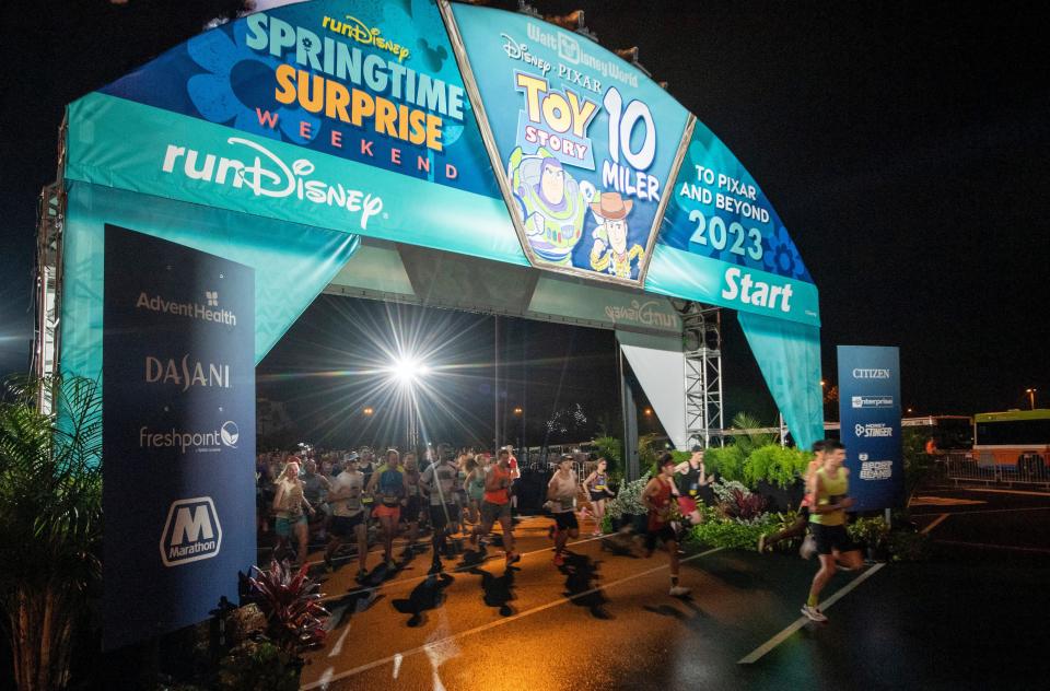 Runners take their mark as they begin the Disney Pixar Toy Story 10-Miler, the final event during the four-day runDisney Springtime Surprise Weekend on April 16, 2023, in Lake Buena Vista, Fla. This year’s event celebrated the magic of Disney Pixar characters and is the final on-site race weekend of the 2022-23 runDisney race season. (Kent Phillips, photographer) 