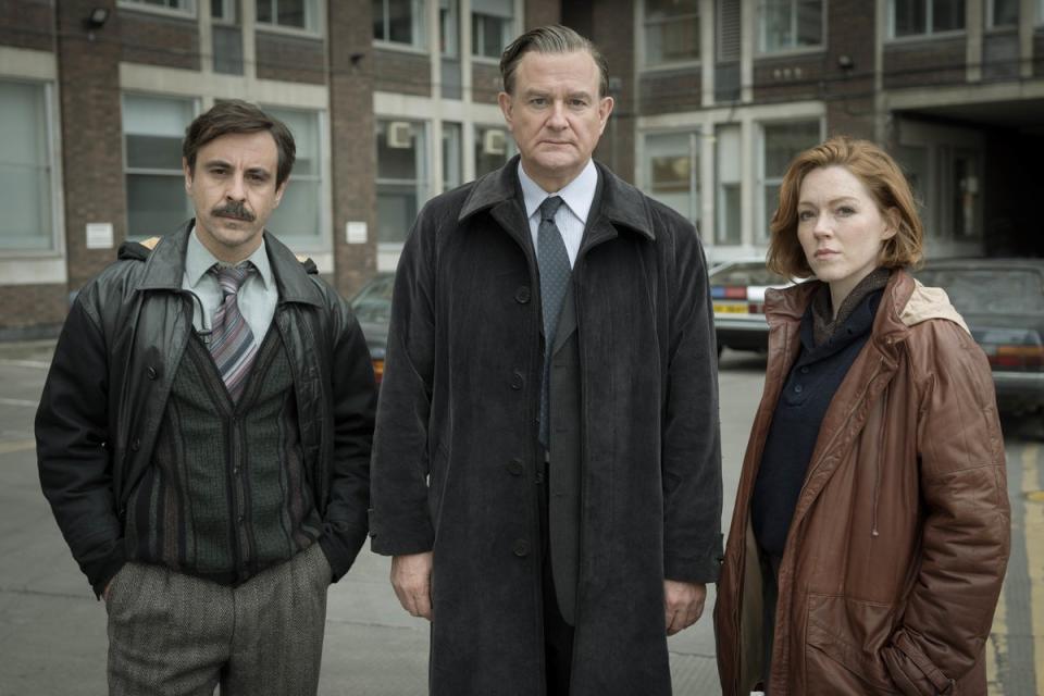 Emun Elliott, Hugh Bonneville and Charlotte Spencer in ‘The Gold’ (BBC/Tannadice Pictures/Sally Mais)