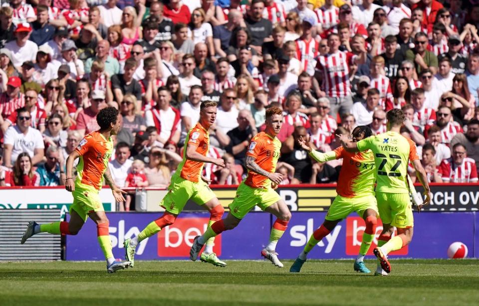 Nottingham Forest's Jack Colback (third right) celebrates scoring his side’s first goal (PA)