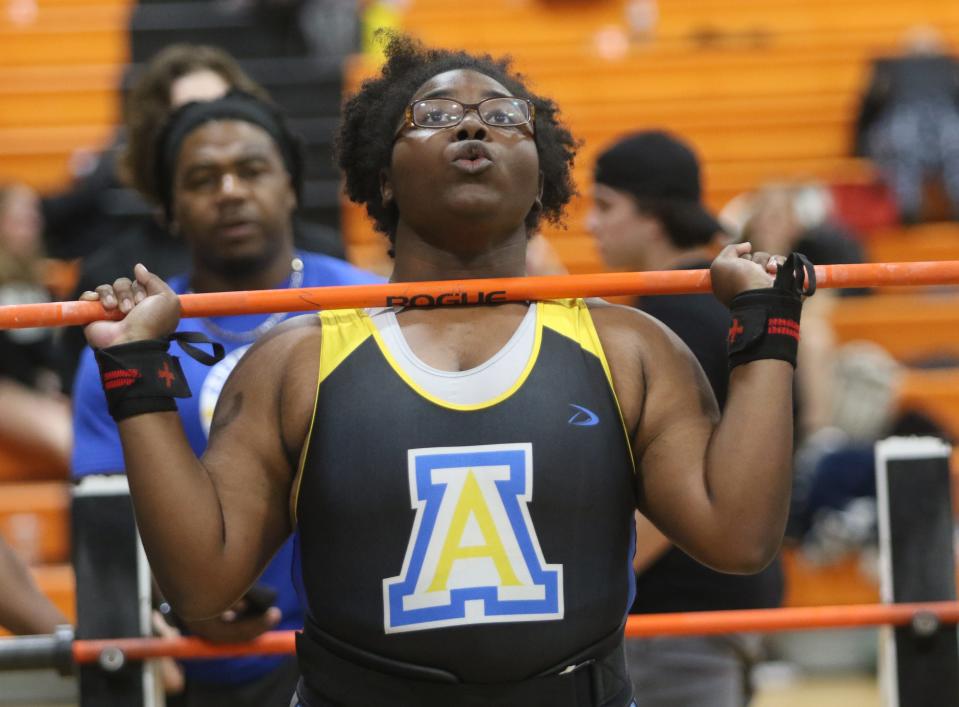 Auburndale's D'Asia Abrams lifts at 199 pounds at the district meet. She again won her weight class in the Olympic and Traditional competitions.