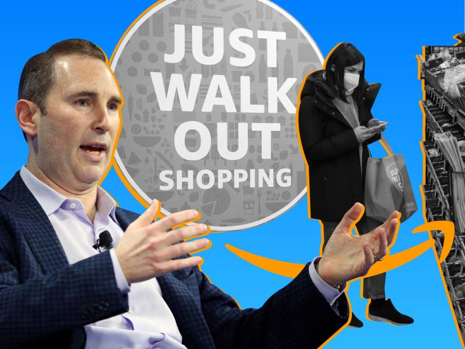 Amazon CEO, Andy Jassy with imagery of Amazon's "Just Walk Out Shopping"