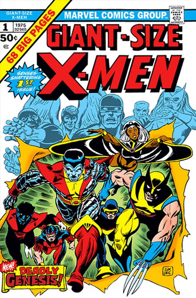 This 1975 comic book cover image released by Marvel Entertainment shows "Giant-Size X-Men, v1 #1."The publisher of Marvel Comics is focusing on its panoply of characters, enlisting writers, artists, editors and historians to build a sprawling digital and interactive timeline that showcases the famous, the infamous and the obscure heroes, and villains. The endeavor is part of Marvel’s celebration of its 75th anniversary to make people aware of more than marquee names like Captain America or Spider-Man, and to appeal to site visitors coming from the cinema or cataloging a comic collection in the basement. (AP Photo/Marvel Entertainment)