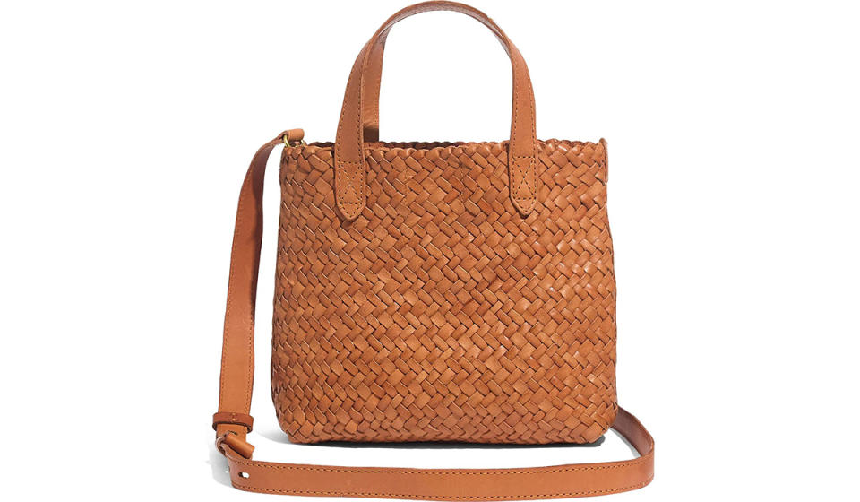 Cognac leather woven bag with handles and long strap