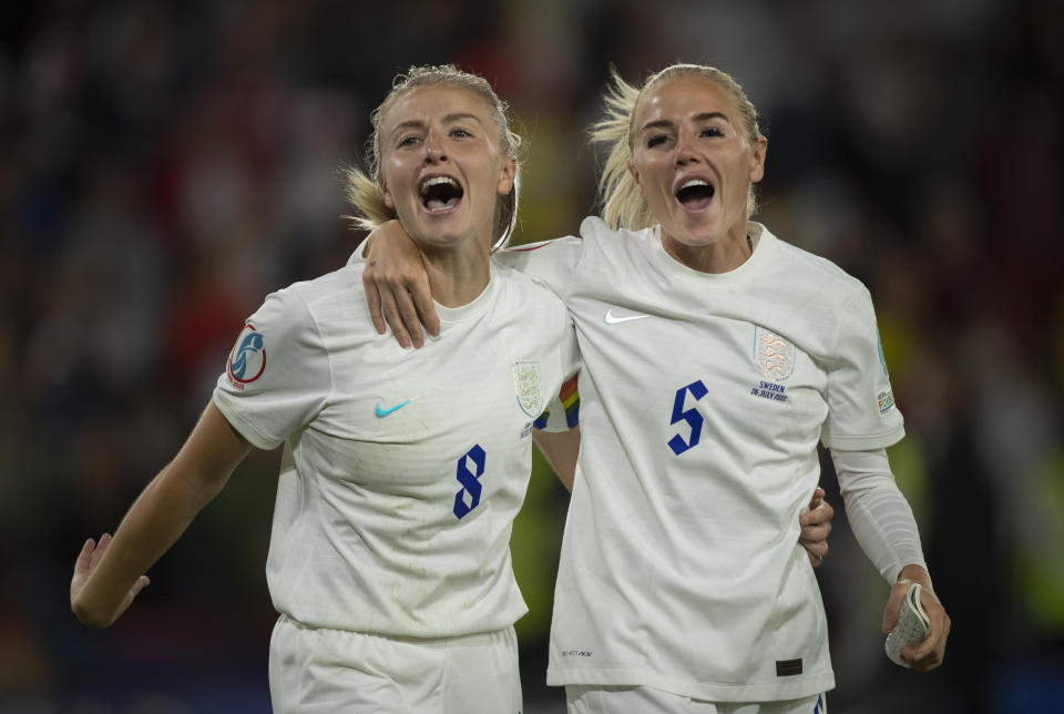 SHEFFIELD, ENGLAND - JULY 26: Leah Williamson and Alex Greenwood of England celebrate after the UEFA Women's Euro 2022 Semi Final match between England and Sweden at Bramall Lane on July 26, 2022 in Sheffield, England. (Photo by Visionhaus/Getty Images)