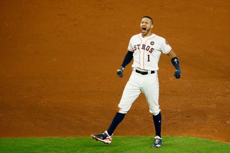 Carlos Correa of the Houston Astros celebrates their 2-1 win over the New York Yankees in game two of the American League Championship Series, at Minute Maid Park in Houston, Texas, on October 14, 2017