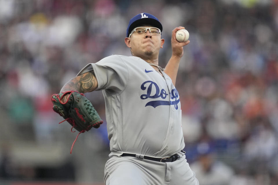 Los Angeles Dodgers pitcher Julio Urias works against the San Francisco Giants during the first inning of a baseball game in San Francisco, Monday, April 10, 2023. (AP Photo/Jeff Chiu)