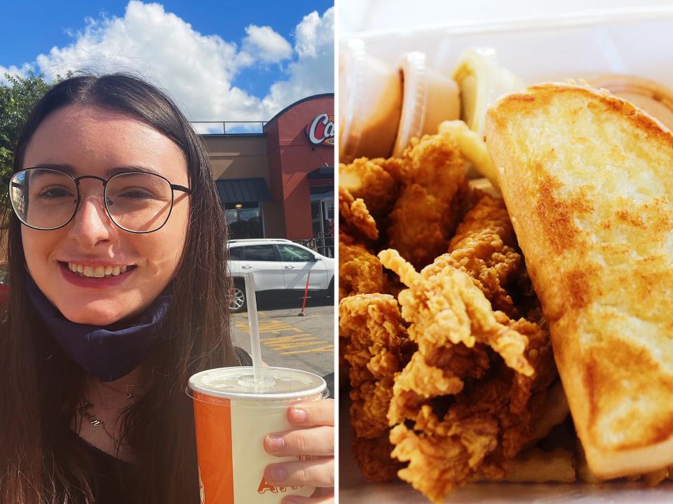 author outside raising canes and caniac meal