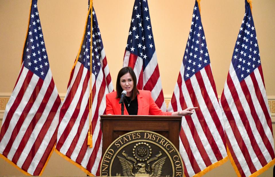 Senator Katie Britt speaks during the ceremony naming the federal courthouse in Tuscaloosa the Richard Shelby Federal Building and Courthouse Friday, Sept. 15, 2023.