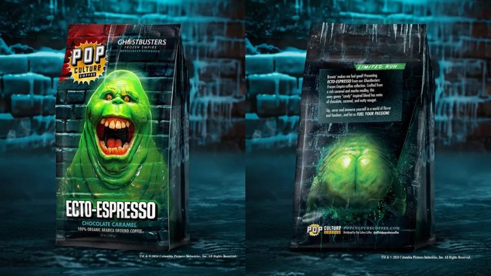 Ghostbusters Ecto-Espresso coffee brand, showcasing Frozen Empire's Slimer.