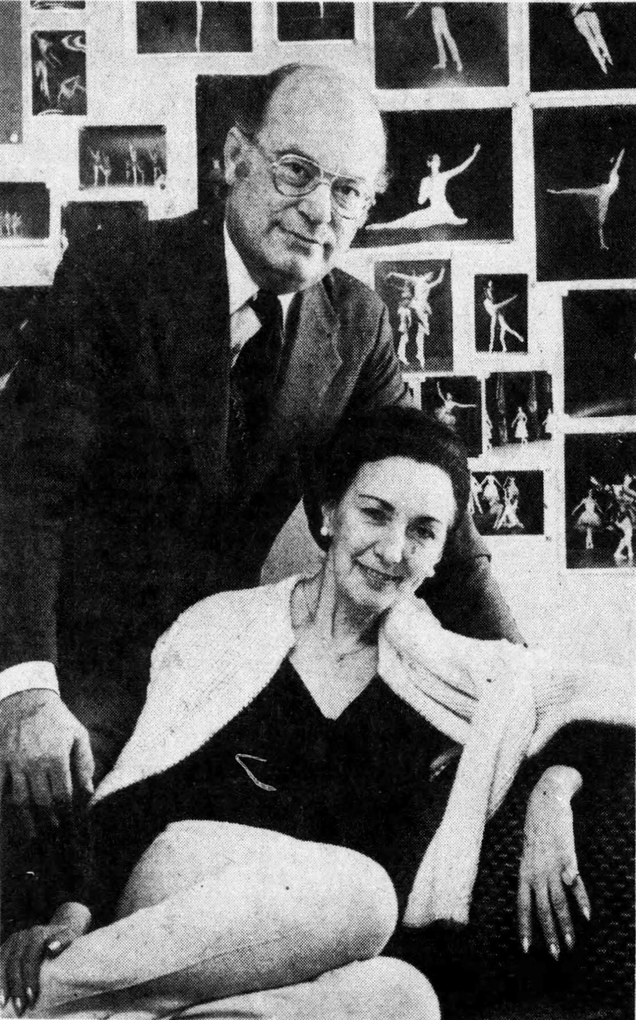 Miklos and Judith in 1977, surrounded by pictures of ballet students.