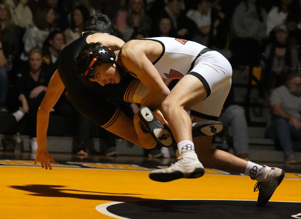 Kyle Von Seidelmann of Hasbrouck Heights defeated Cristian Cesaro of Hanover Park in the 120 lb. match as Hasbrouck Heights faced Hanover Park in NJSIAA North 2, Group 1 wrestling sectional final at Hanover Park on February 8, 2023.