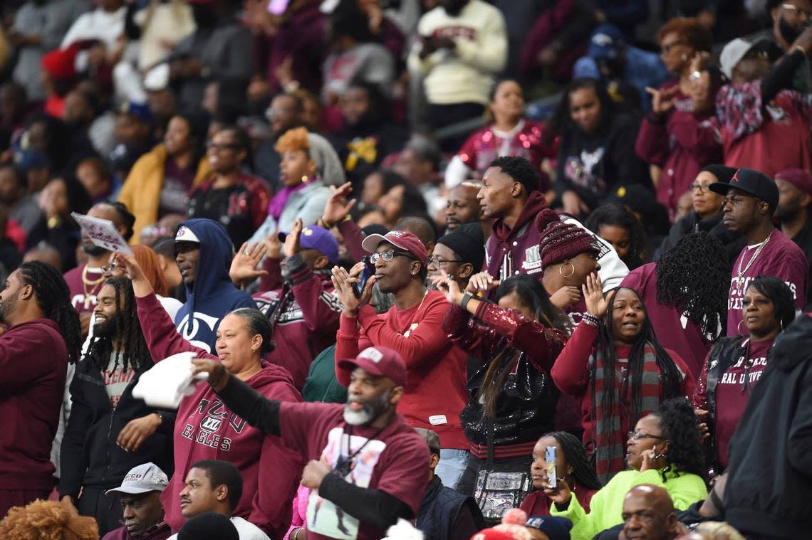 North Carolina Central fans cheer during the second half of the Celebration Bowl NCAA college football game against Jackson State, Saturday, Dec. 17, 2022, in Atlanta. (AP Photo/Hakim Wright Sr. )