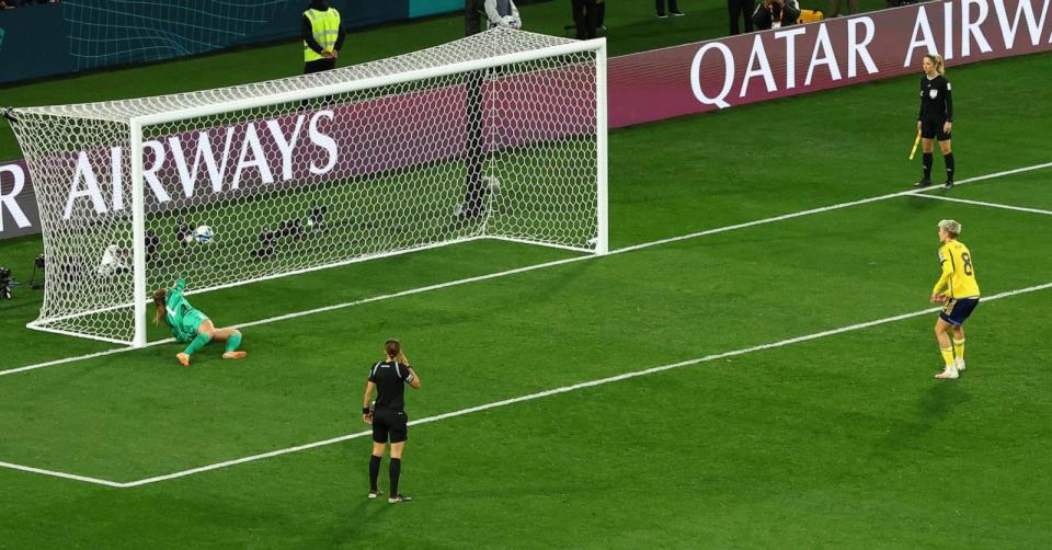 PHOTO: Alyssa Naeher of the U.S. attempts to save a penalty from Sweden's Lina Hurtig during the penalty shootout as the ball crosses in Melbourne, Australia, on August 6, 2023. (Hannah Mckay/Reuters)