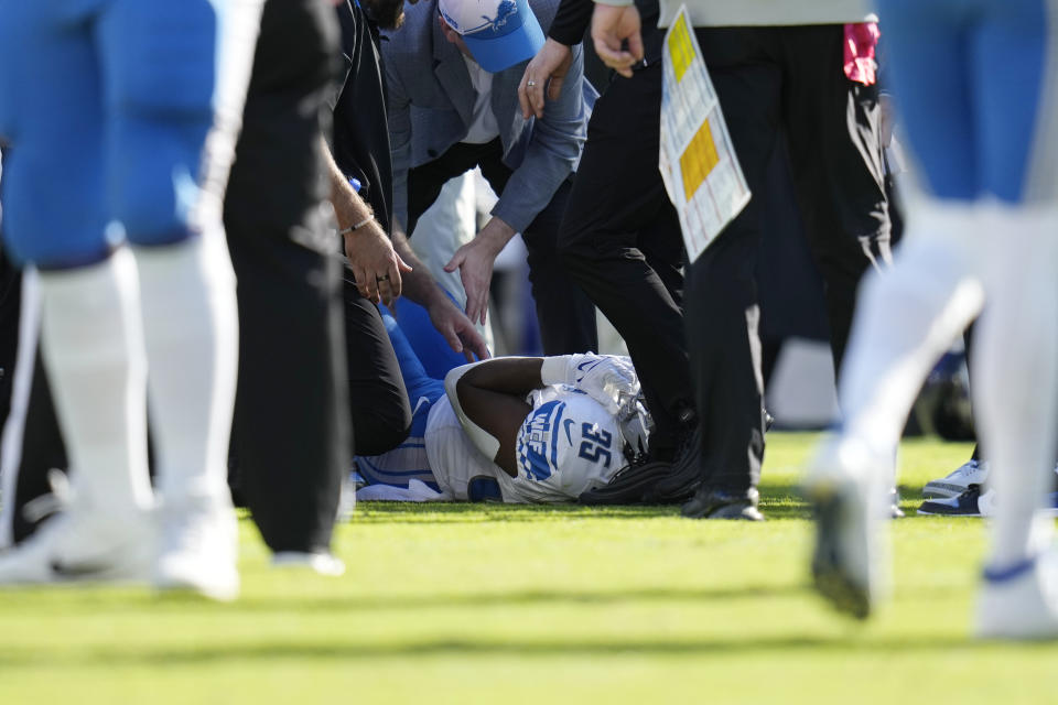 Detroit Lions running back Mohamed Ibrahim is attended to during the second half of an NFL football game against the Baltimore Ravens, Sunday, Oct. 22, 2023, in Baltimore. (AP Photo/Alex Brandon)