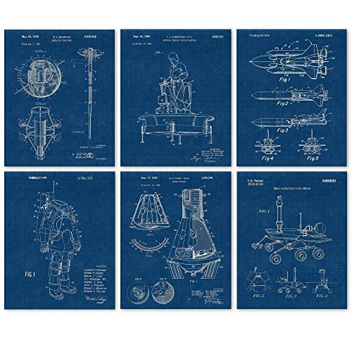 20) Vintage Space Exploration Patent Prints, 6 (8x10) Unframed Photos, Wall Art Decor Gifts Under 20 for Home Office Garage Man Cave College Student Teacher NASA Aviation Astronomy Engineer Fan