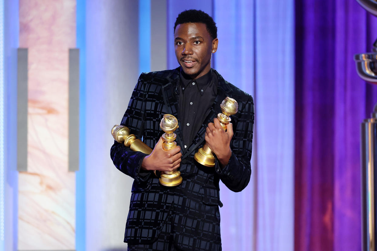 BEVERLY HILLS, CALIFORNIA - JANUARY 10: 80th Annual GOLDEN GLOBE AWARDS -- Pictured: Host Jerrod Carmichael speaks onstage at the 80th Annual Golden Globe Awards held at the Beverly Hilton Hotel on January 10, 2023 in Beverly Hills, California. -- (Photo by Rich Polk/NBC via Getty Images)