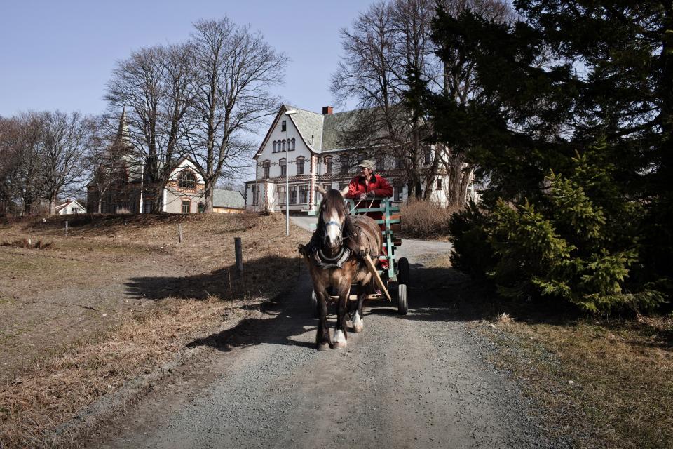 BASTOY ISLAND, HORTEN, NORWAY - APRIL 11:   An inmate rides a horse waggon in Bastoy Prison on April 11, 2011 in Bastoy Island, Horten, Norway. Bastoy Prison is a minimum security prison located on Bastoy Island, Norway, about 75 kilometers (46 mi) south of Oslo. The facility is located on a 2.6 square kilometer (1 sq mi) island and hosts 115 inmates. Arne Kvernvik Nilsen, governor of the prison, leads a staff of about 70 prison employees. Of this staff, only five employees remain on the island overnight.  Once a prison colony for young boys, the facility now is trying to become 'the first eco-human prison in the world.' Inmates are housed in wooden cottages and work the prison farm. During their free time, inmates have access to horseback riding, fishing, tennis, and cross-country skiing. (Photo by Marco Di Lauro/Reportage by Getty Images)