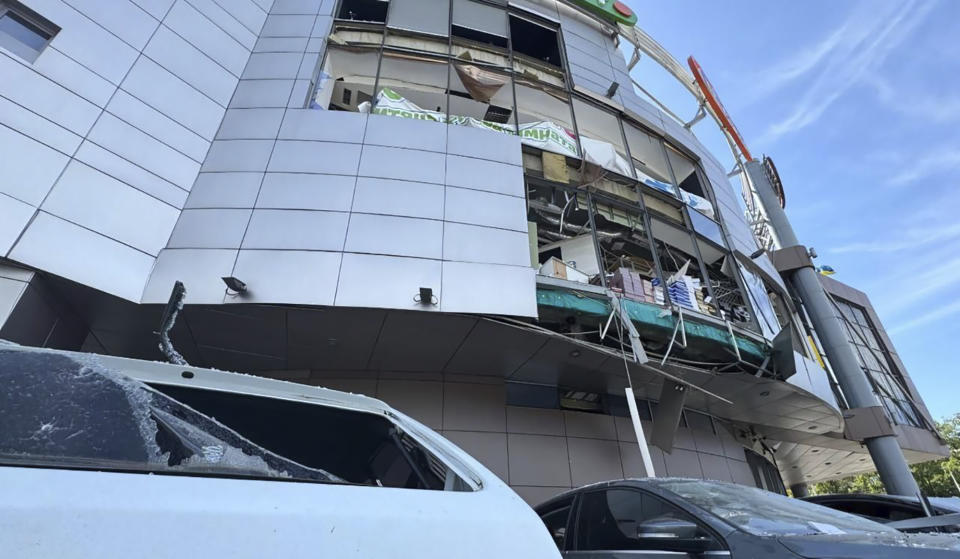 In this photo released by the Dnipro Regional Administration, a view of the damage caused by Russia's missile attack on multi-story building in Dnipro, Ukraine, Wednesday, July 3, 2024. (Dnipro Regional Administration via AP)