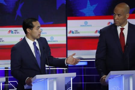 Former HUD Secretary Julian Castro talks at the first U.S. 2020 presidential election Democratic candidates debate in Miami, Florida, U.S.,