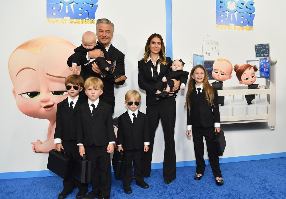 Alec Baldwin (L), wife Hilaria Baldwin (R) and their children attend DreamWorks Animation's "The Boss Baby: Family Business"
