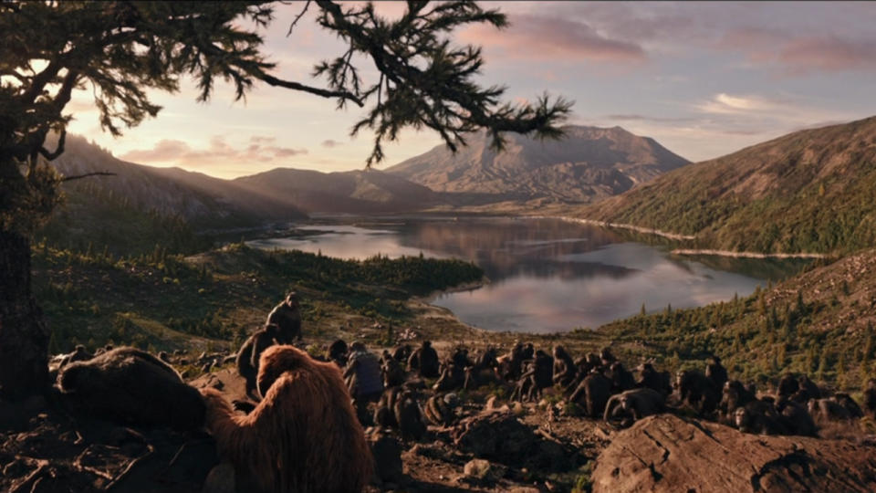 The Apes make their way into a valley early in the morning in War for the Planet of the Apes.
