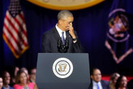 <p>JAN. 10, 2017 – President Barack Obama cries as he speaks during his farewell address in Chicago, Illinois on January 10, 2017.<br> Barack Obama closes the book on his presidency, with a farewell speech in Chicago that will try to lift supporters shaken by Donald Trump’s shock election. (Photo: Joshua Lott/AFP/Getty Images) </p>