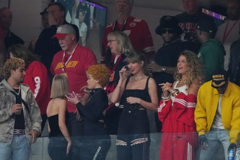 Recording artist Taylor Swift with actress Blake Lively (right) and rapper Ice Spice (left) before the start of Super Bowl LVIII between Kansas City Chiefs and San Francisco 49ers at Allegiant Stadium in Las Vegas on Feb. 11, 2024.