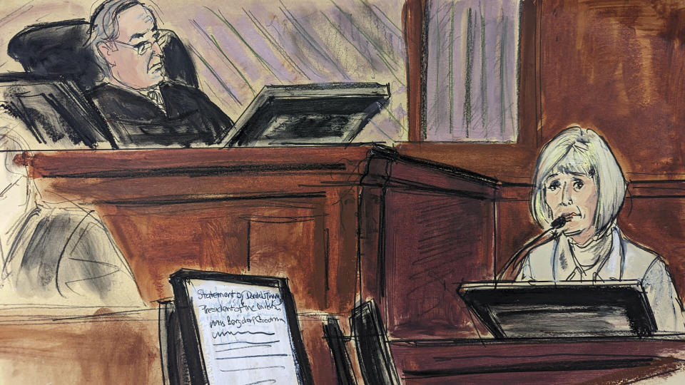 In this courtroom sketch, Judge Lewis Kaplan, left, presides, as E. Jean Carroll, right, is cross-examined by Donald Trump's defense attorney in Federal Court, in New York, Thursday, April 27, 2023. Former President Donald Trump's lawyer Joe Tacopina went on the attack Thursday against writer E. Jean Carroll's claims that she was raped by Trump in the 1990s, using cross examination to try to discredit the longtime advice columnist before a jury at a New York civil trial. (AP Photo/Elizabeth Williams)